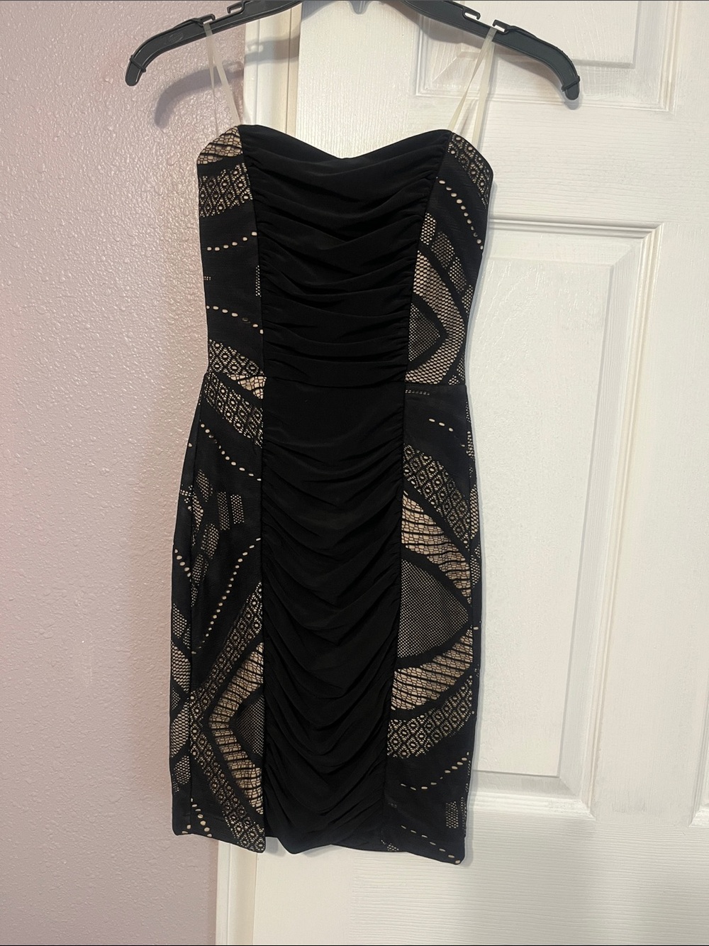 Mystic Black Strapless Ruched Sheath Dress with Nude Lace Insets